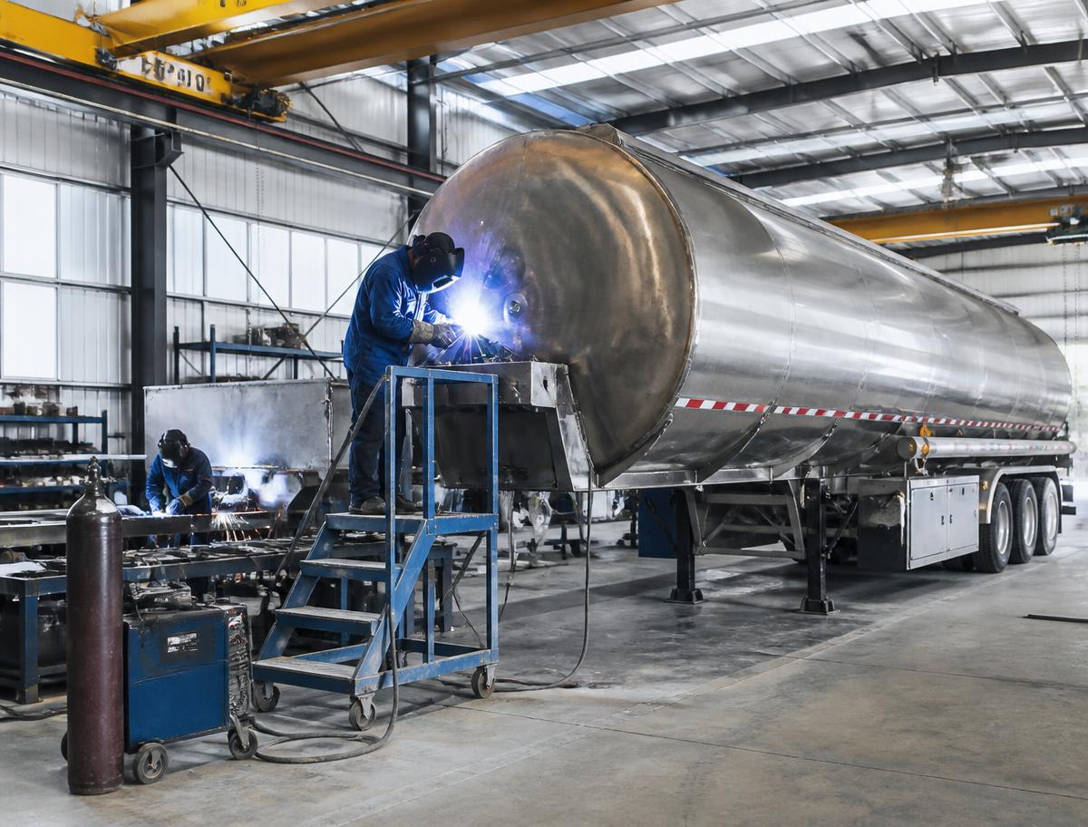 Equipe soldando um tanque rodoviário em fábrica de implementos